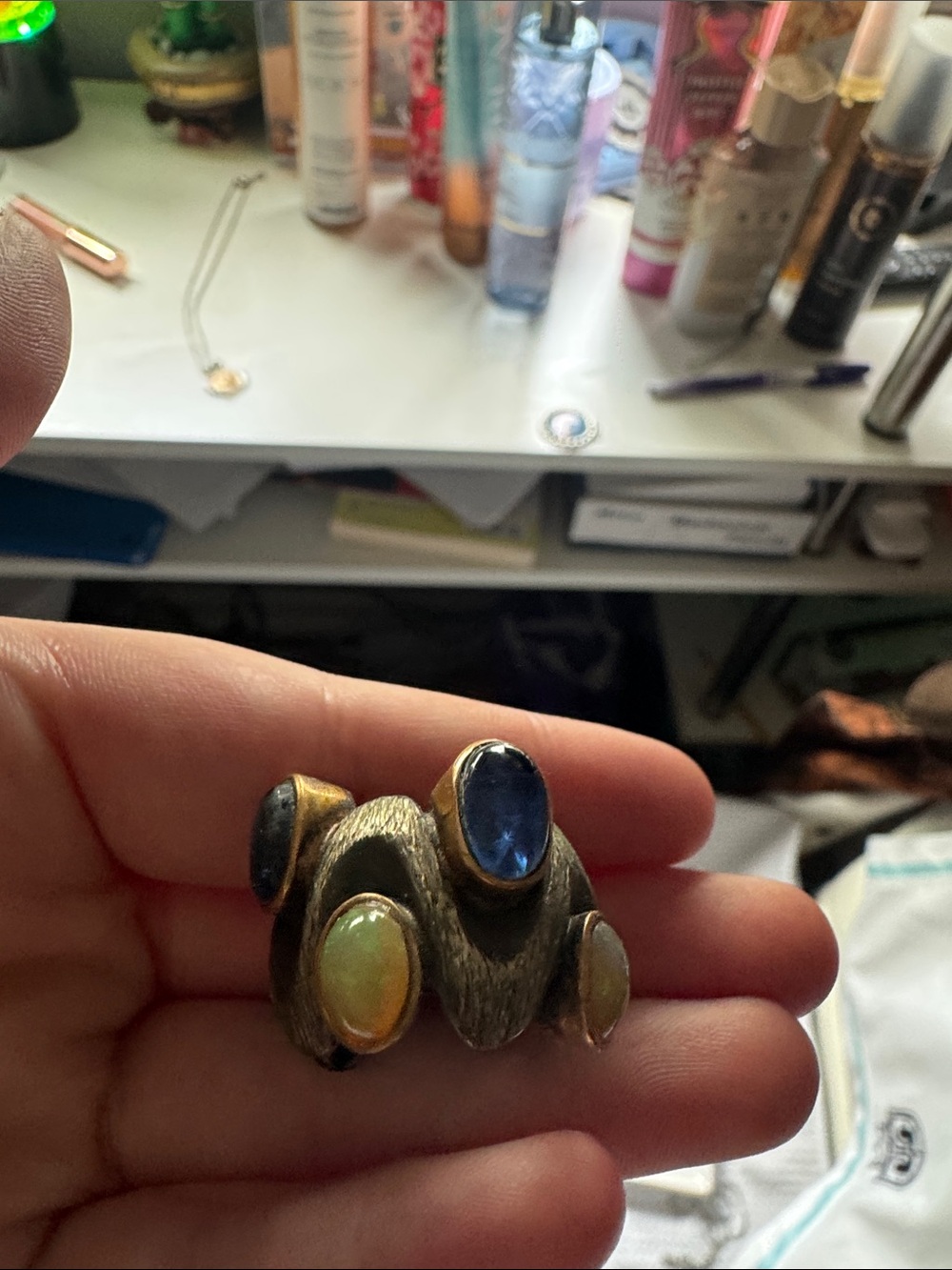 Multistone Vintage-Inspired Gold Tone Statement Ring in Blue and Opal Hues
